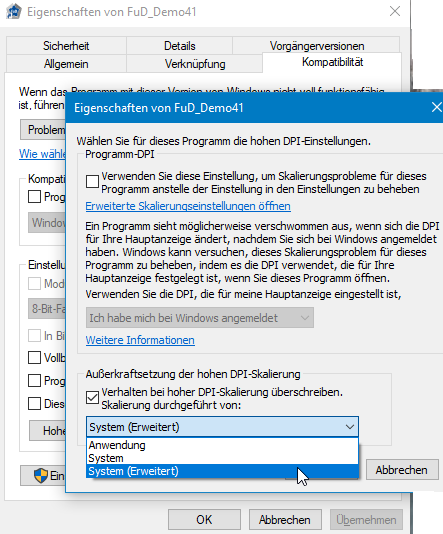 Eigenschaften-Fenster einer FuD-Instanz: Optimierung bei hohen DPI-Auflösungen