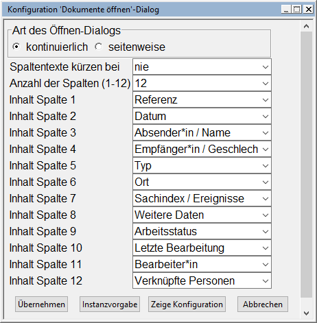 Einstellung des Öffnen-Dialogs: Konfiguration der Spalten